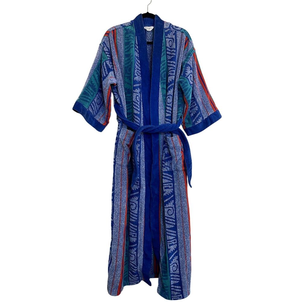 Vintage Christian Dior Monsieur Terry Cloth Bathrobe Belted Blue Green Stripe OS
